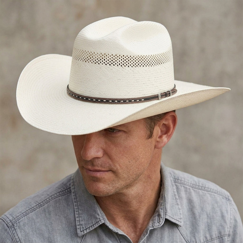 Vented Cream Straw Cowboy Hat with Braided Hatband Trim