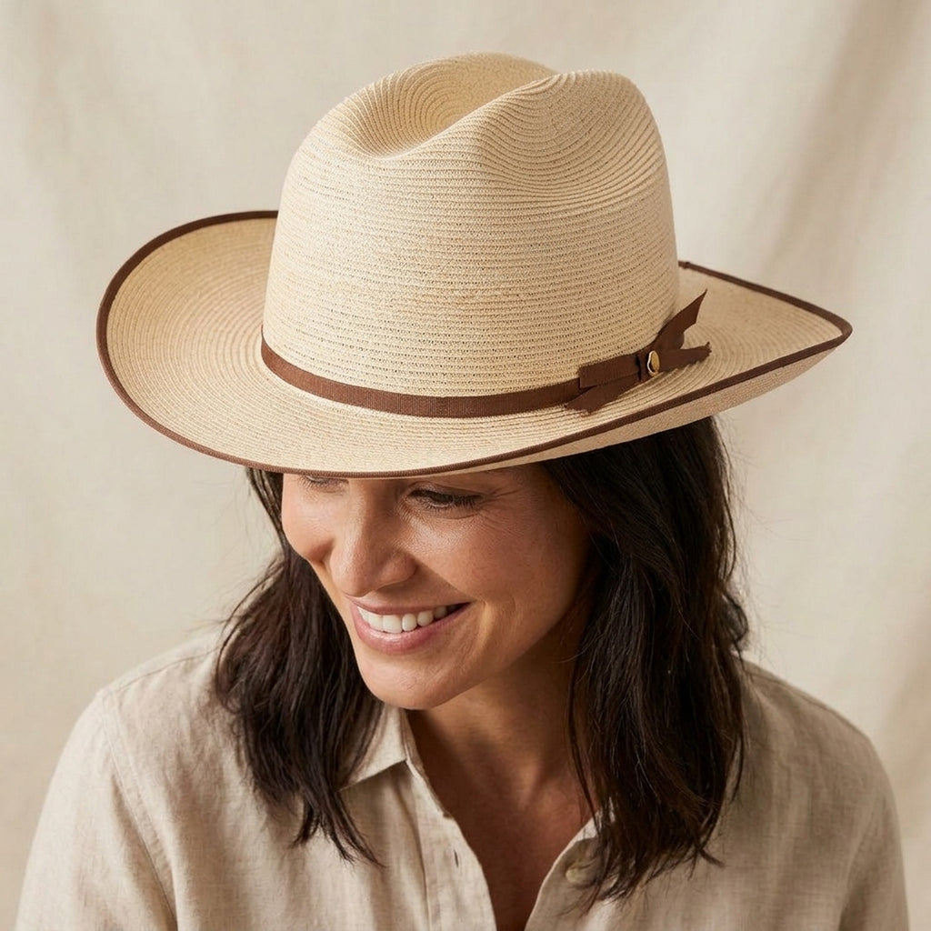 Cream Straw Western Hat with Brown Trim and Ribbon Band