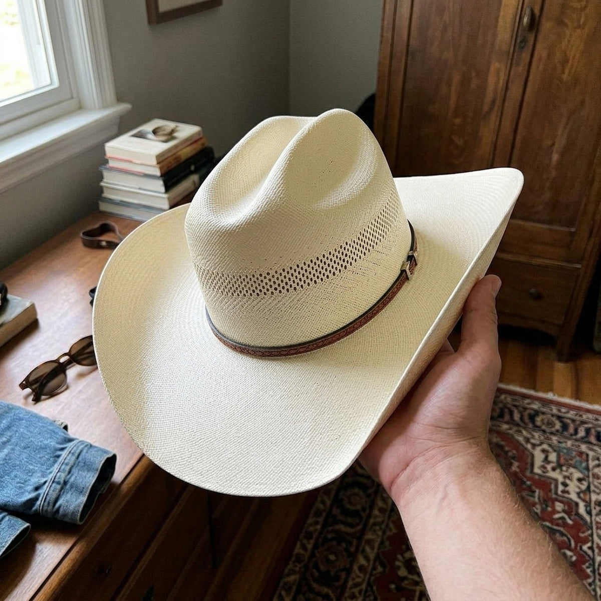 Cream Straw Western Fedora with Decorative Cross-Stitch Band