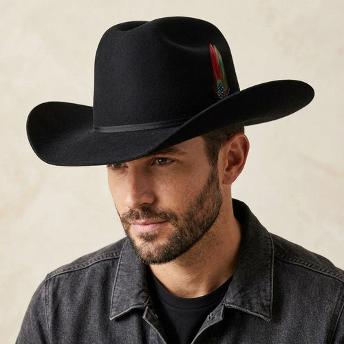 Black Wool Felt Cowboy Hat with Ribbon Band and Feather Detail