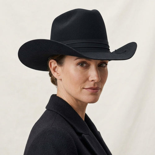 Black Felt Cowboy Hat with Layered Grosgrain Band and Curved Brim