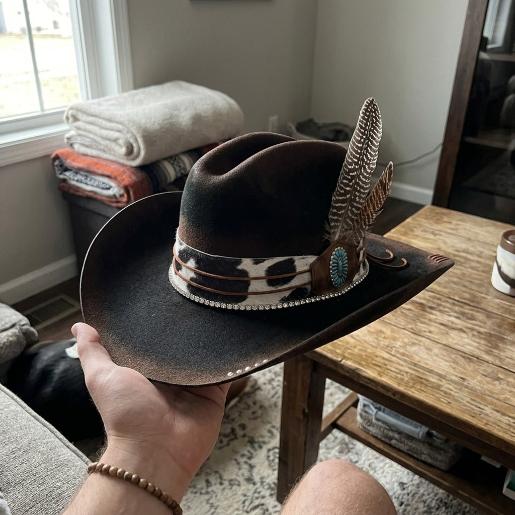 Dark Brown Cowboy Hat with Cow-Print Band and Turquoise Concho