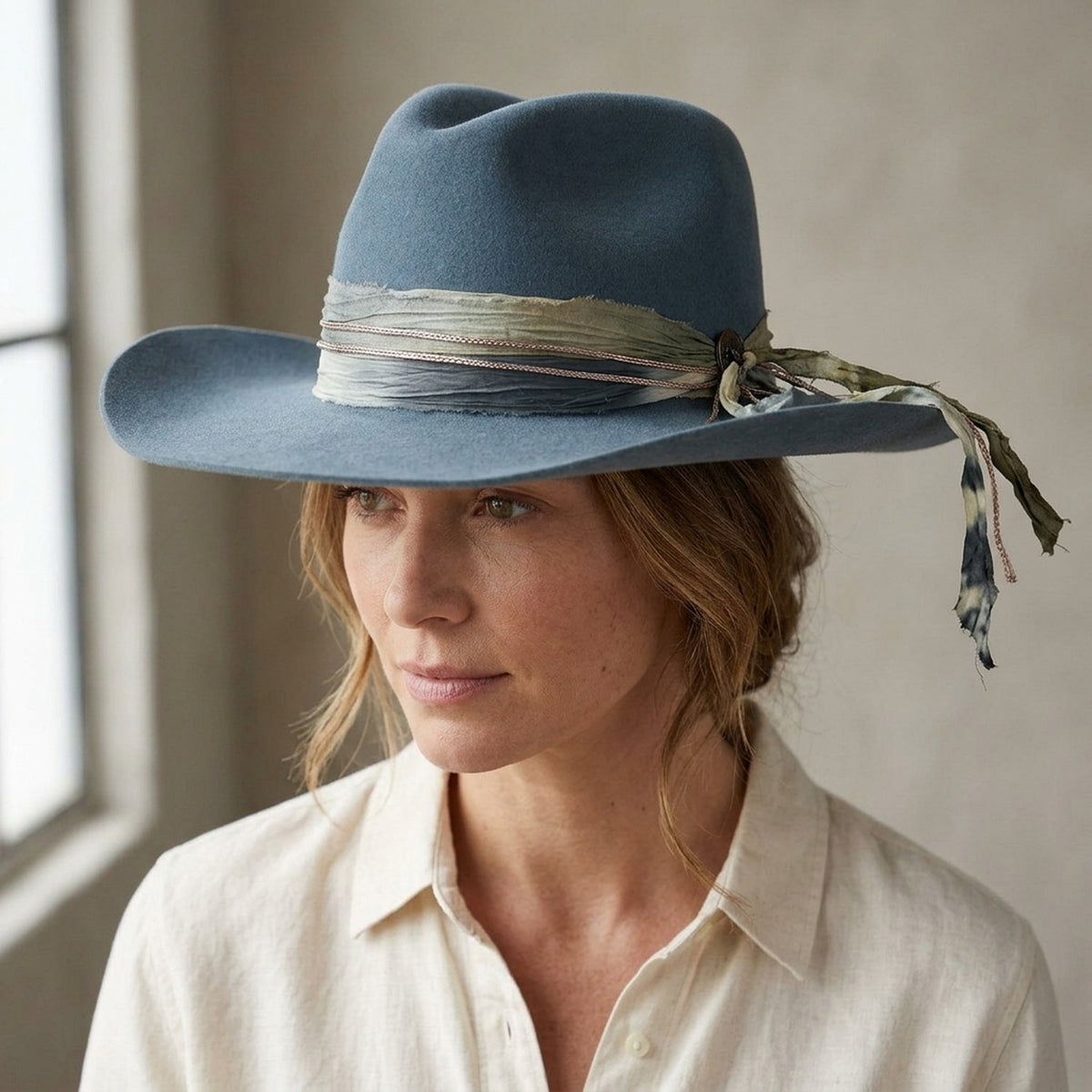 Slate Blue Felt Western Hat With Tied Fabric Band