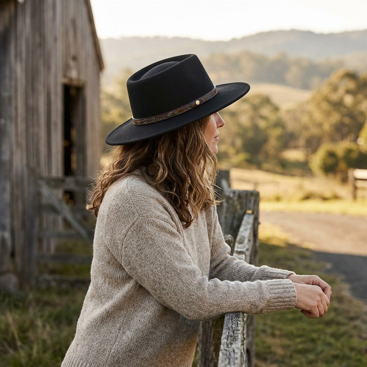 Unisex Black Flat Top Fedora with Feather Leather Band