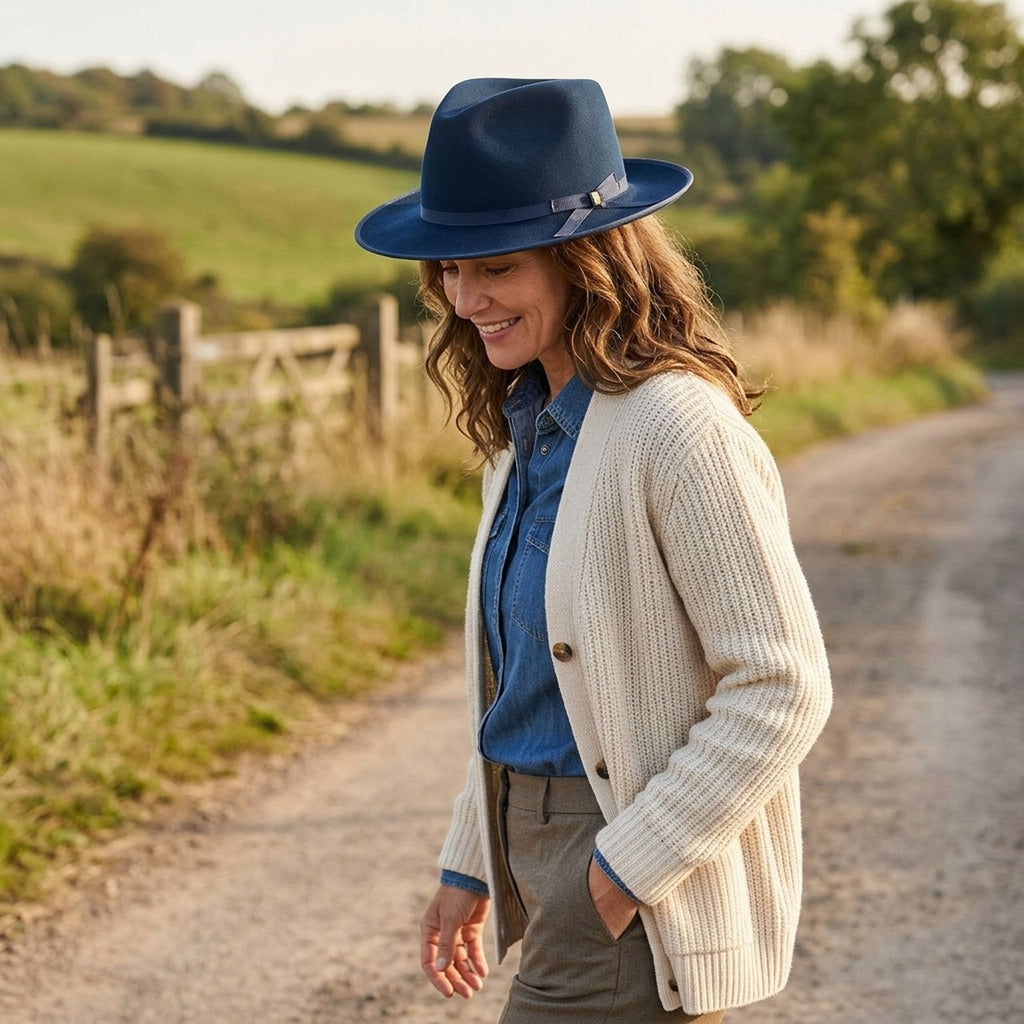Navy Blue Felt Fedora Hat with Grosgrain Band - Classic