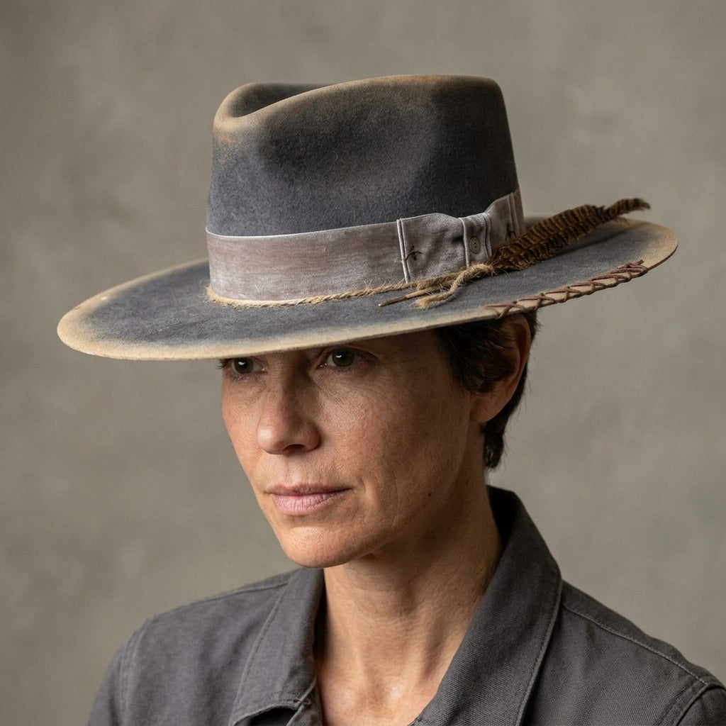 Charcoal Distressed Fedora With Brown Feather And Raffia Trim