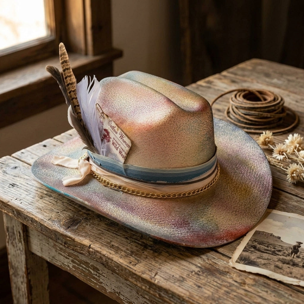 Tie-Dye Festival Fedora in Sunset Tones with Feather Chain