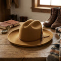 Unisex Mustard Wool Felt Western Hat with Feather Band