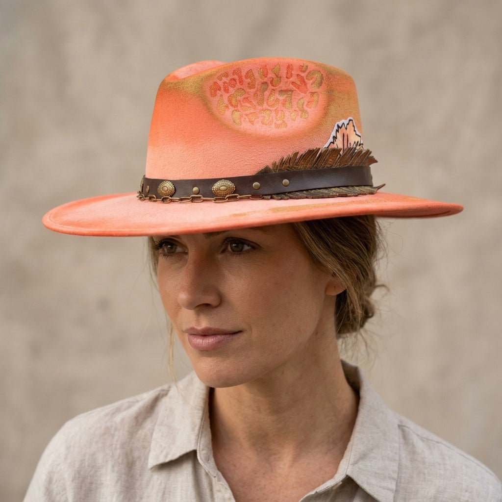 Coral Satin Fedora with Gold Leaf Print and Brass Chain