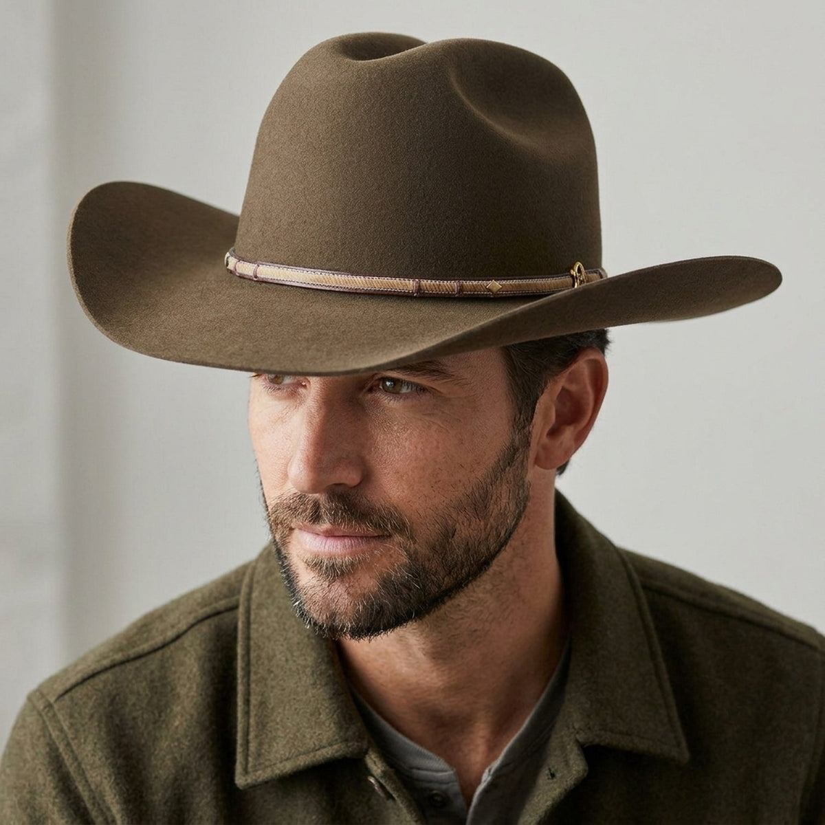 Olive Brown Wool Felt Cowboy Hat with Two-Tone Leather Band