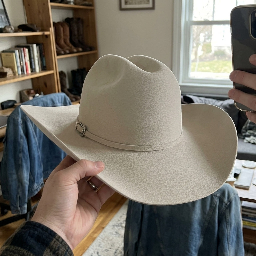 Cream Felt Cowboy Hat with Curved Wide Western Style Brim