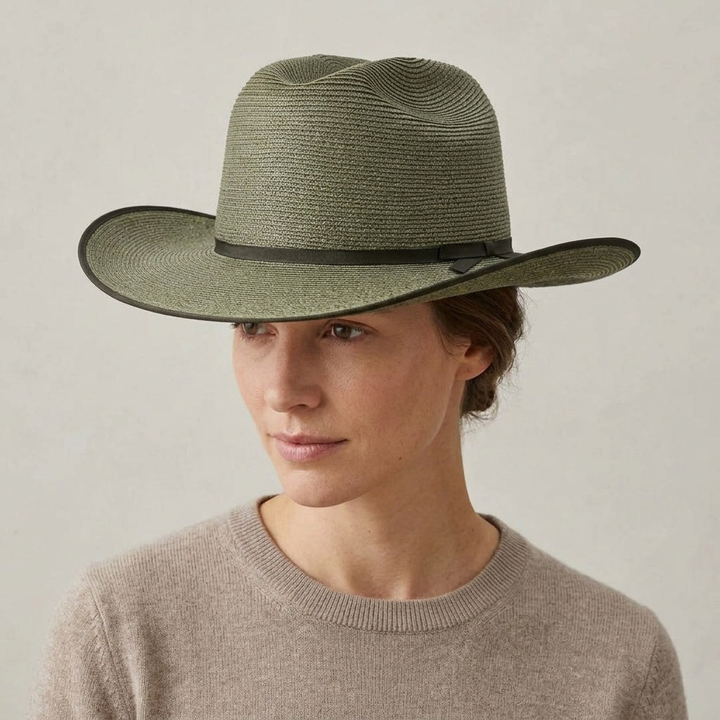 Olive Green Panama Hat in Straw with Bound Edge Detail