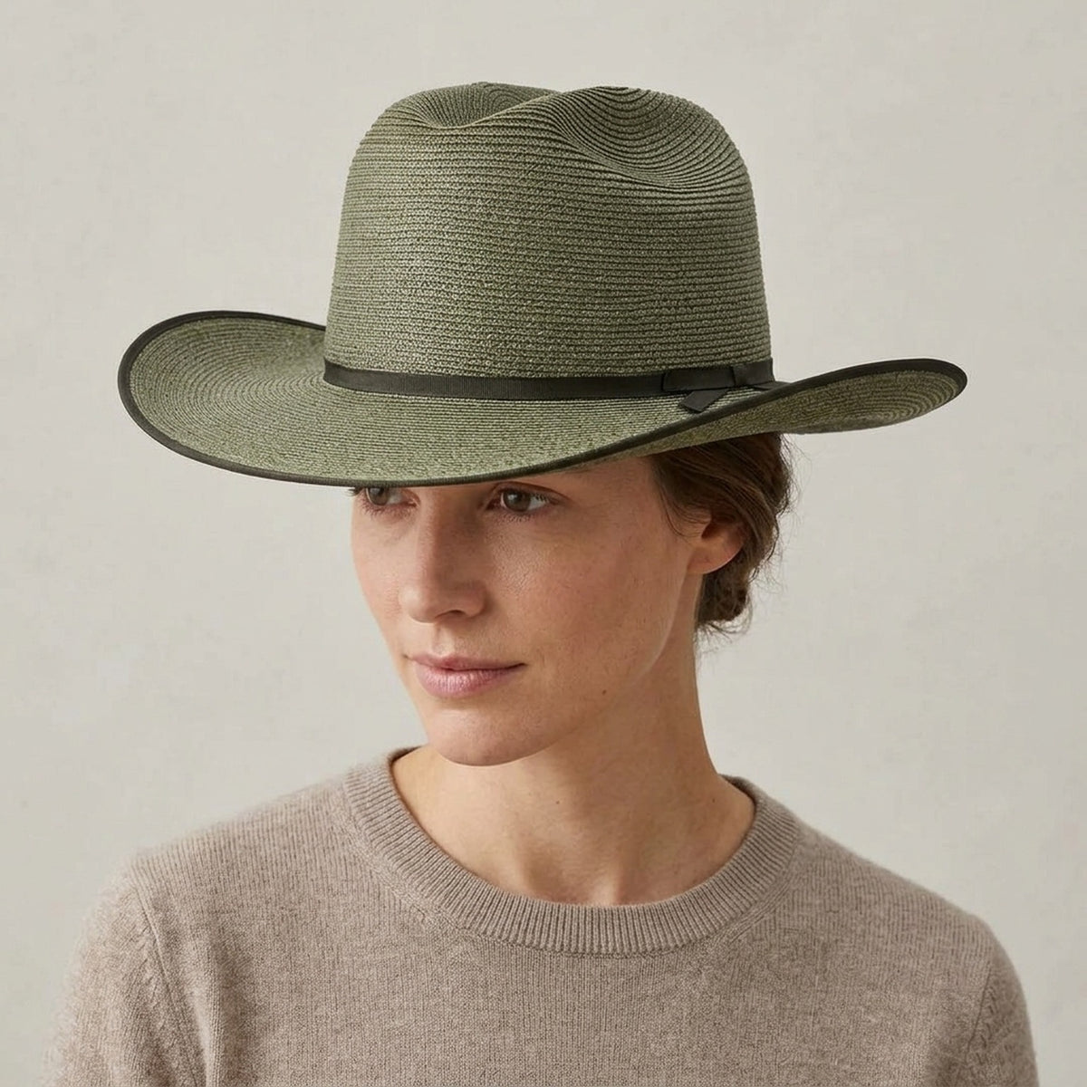 Olive Green Panama Hat in Straw with Bound Edge Detail