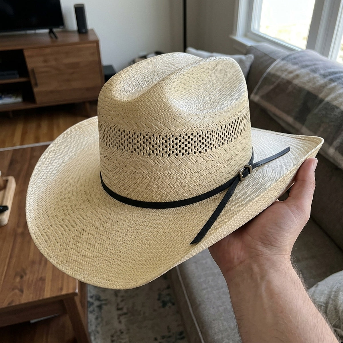 Natural Straw Cowboy Hat with Perforated Crown