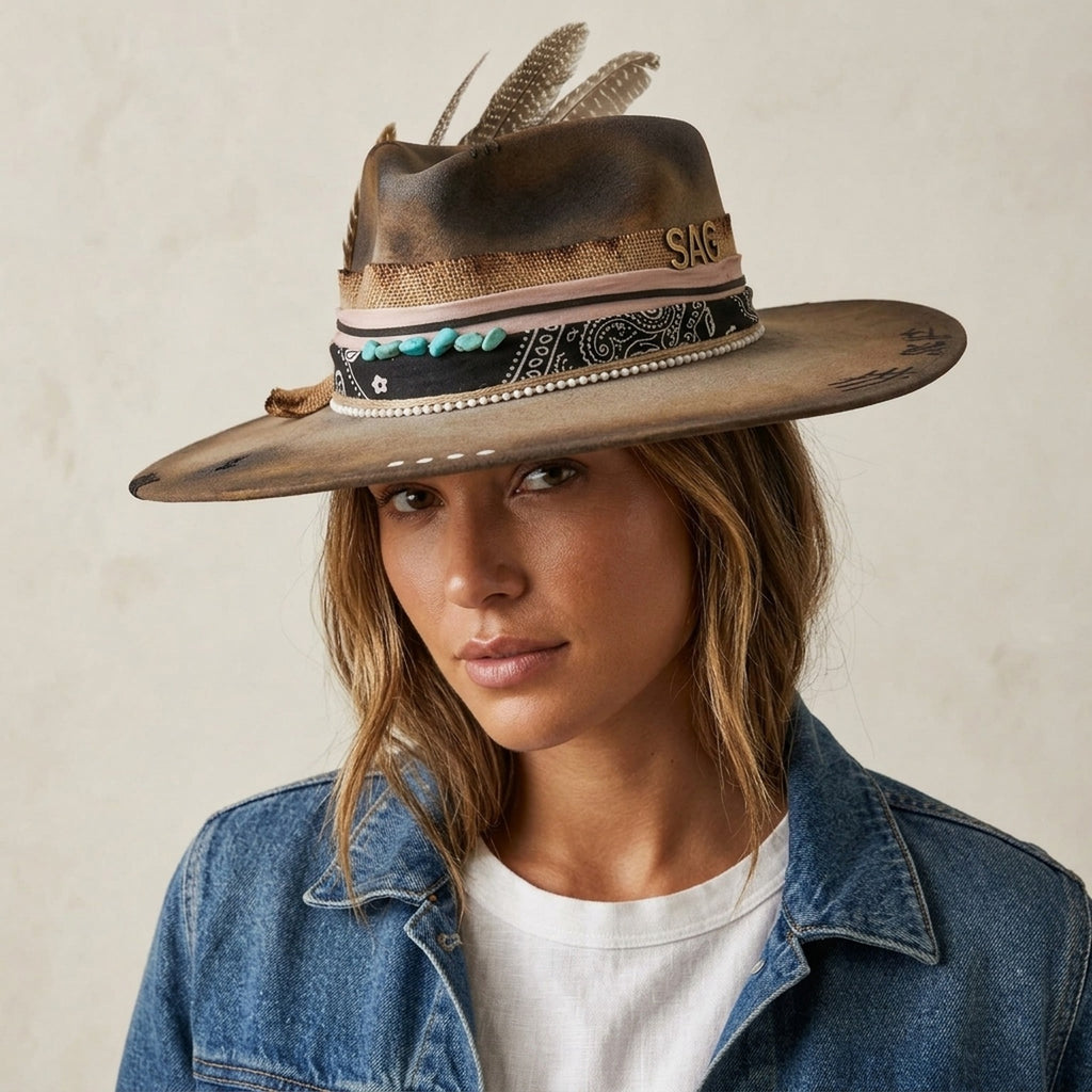 Brown Wide Brim Festival Hat with Feathers and Turquoise Beads
