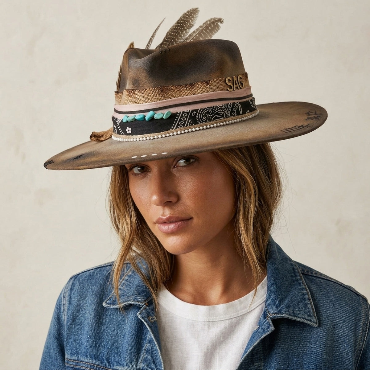 Brown Wide Brim Festival Hat with Feathers and Turquoise Beads
