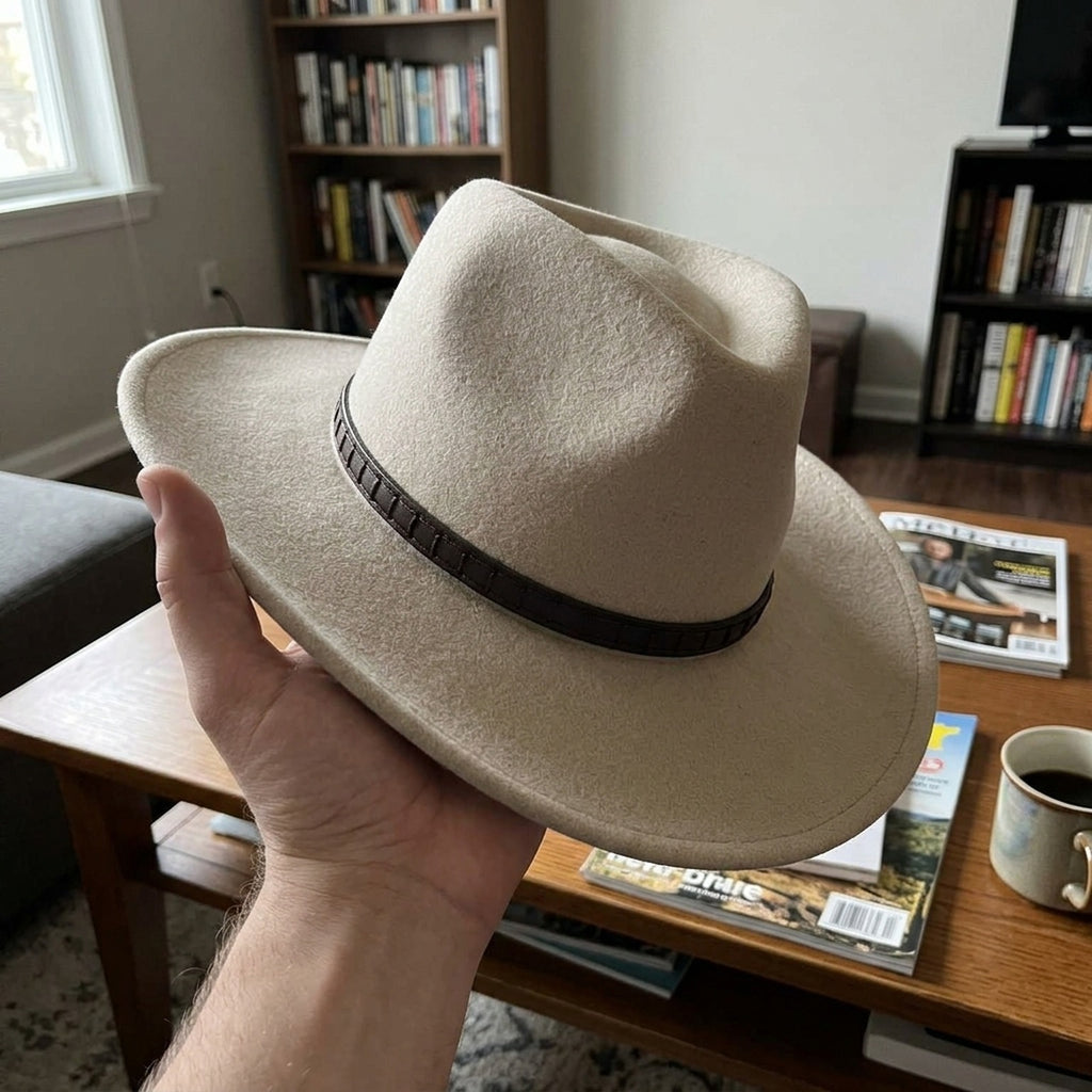 Unisex Cream Western Felt Hat with Braided Leather Band