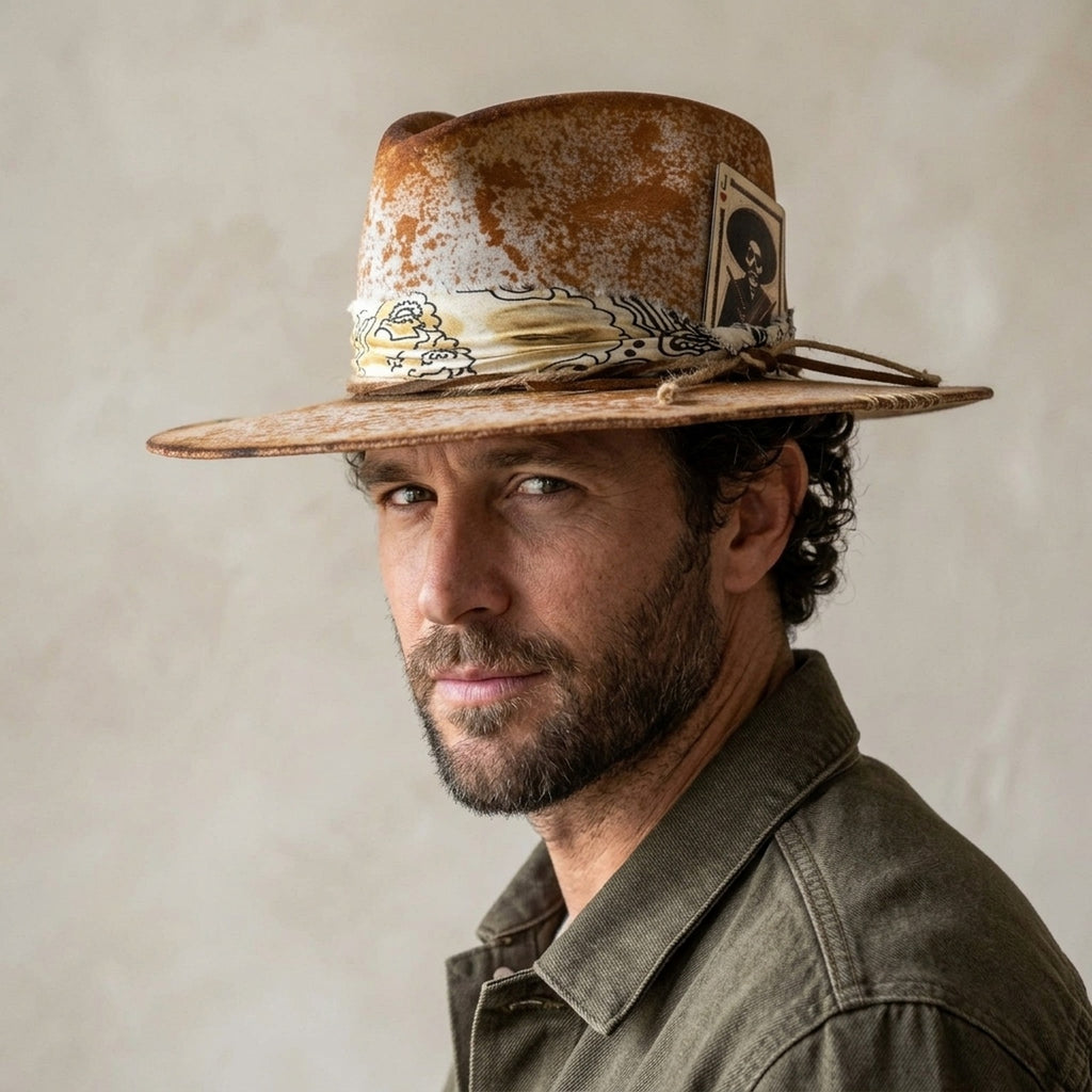 Distressed Tan Cowboy Hat with Skeleton Card and Paisley Bandana