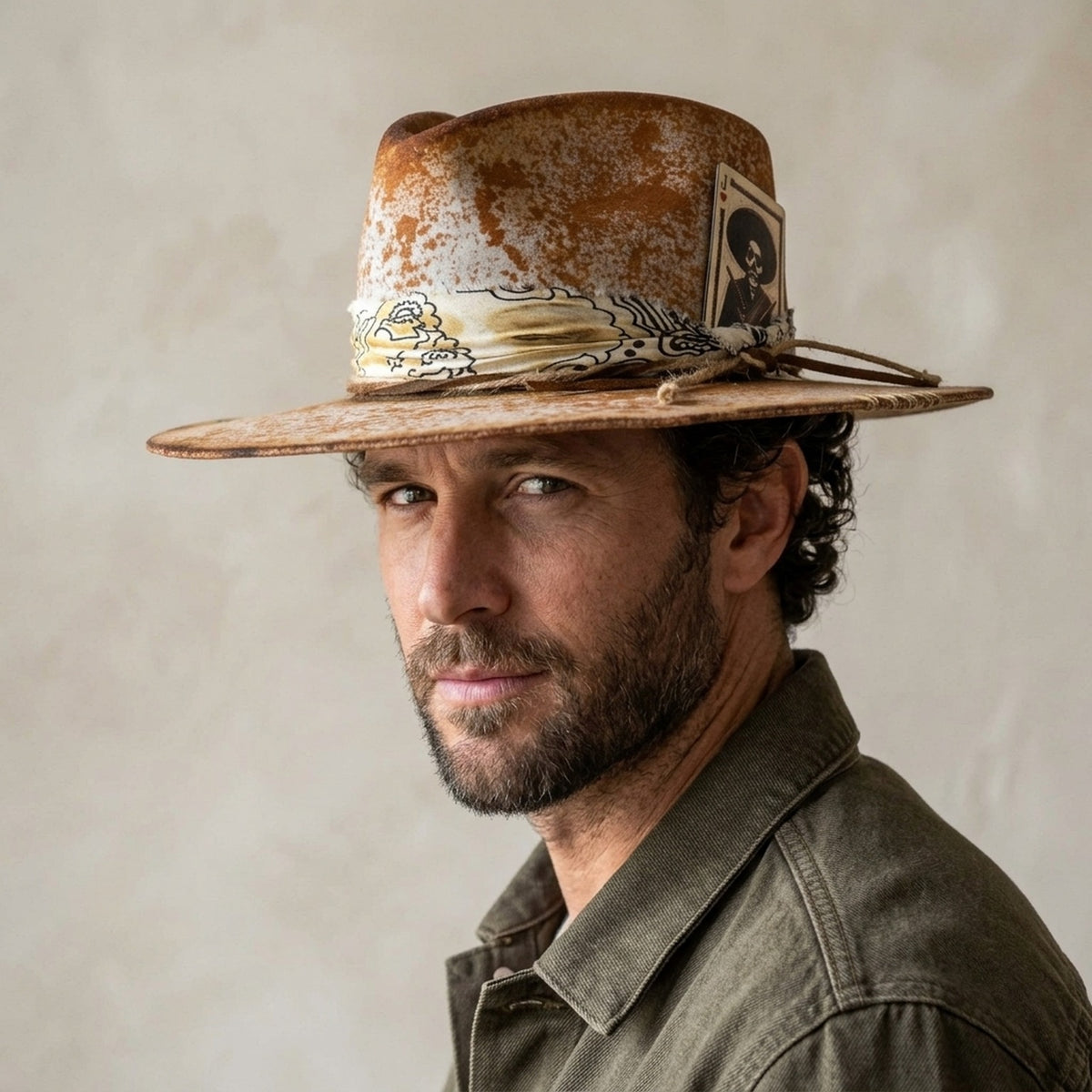 Distressed Tan Cowboy Hat with Skeleton Card and Paisley Bandana
