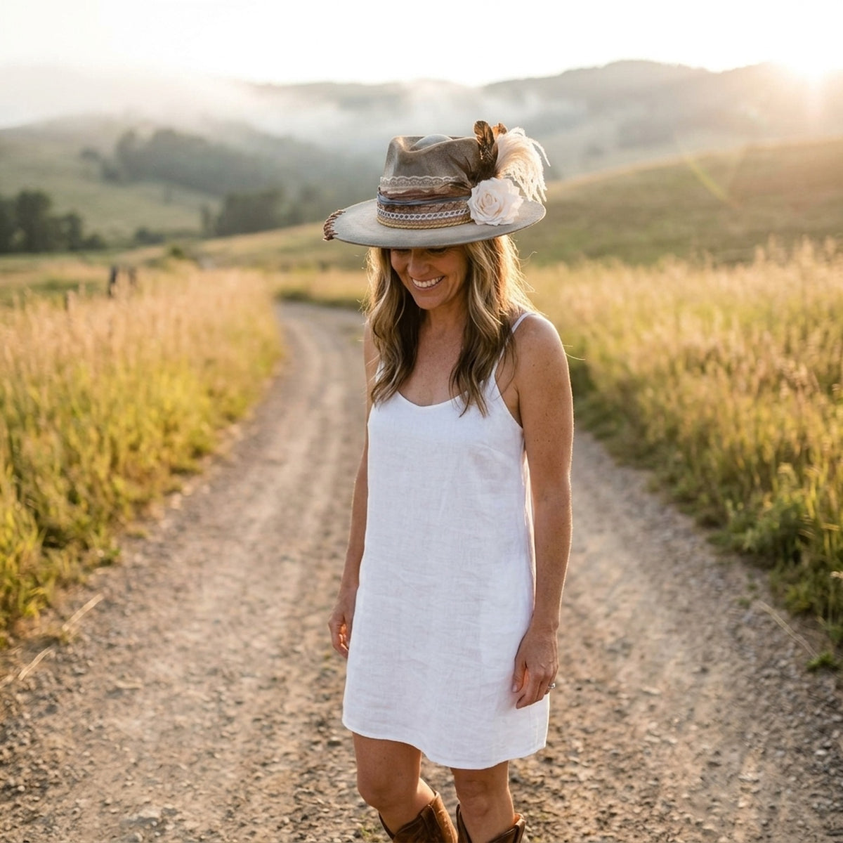 Distressed Gray Tan Felt Western Hat Cream Rose Lace Trim