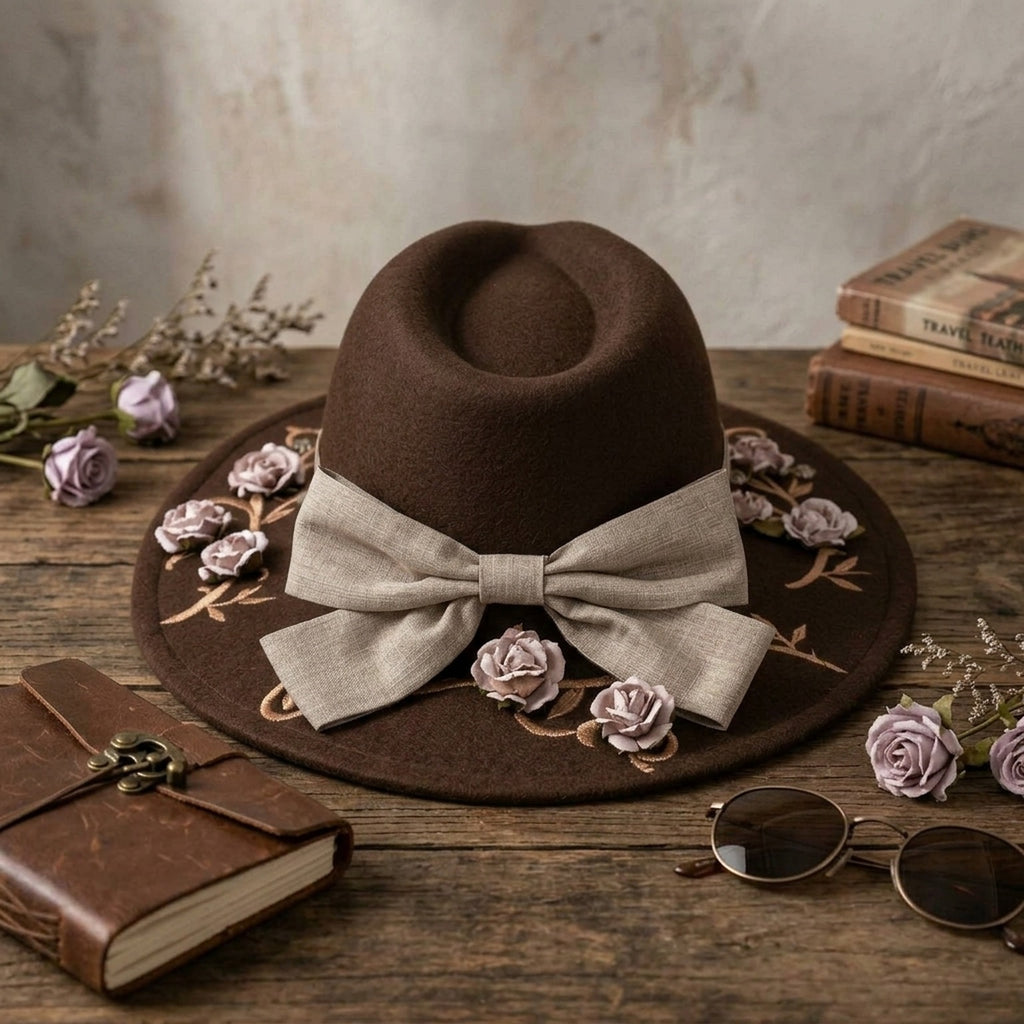 Brown Felt Floppy Hat Linen Bow Floral Embroidery Trim