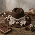 Brown Felt Floppy Hat Linen Bow Floral Embroidery Trim