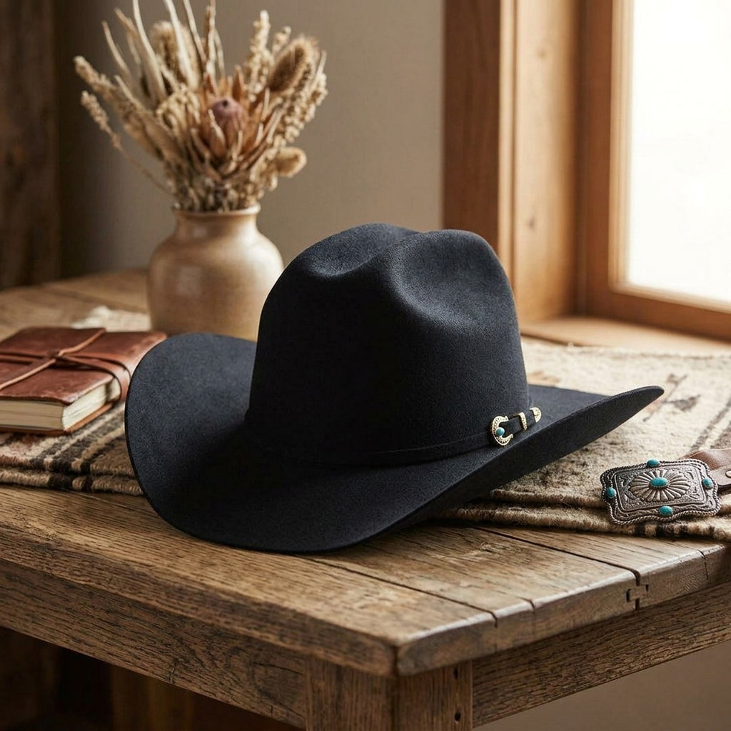 Black Felt Cowboy Hat with Pinched Crown and Wide Curved Brim