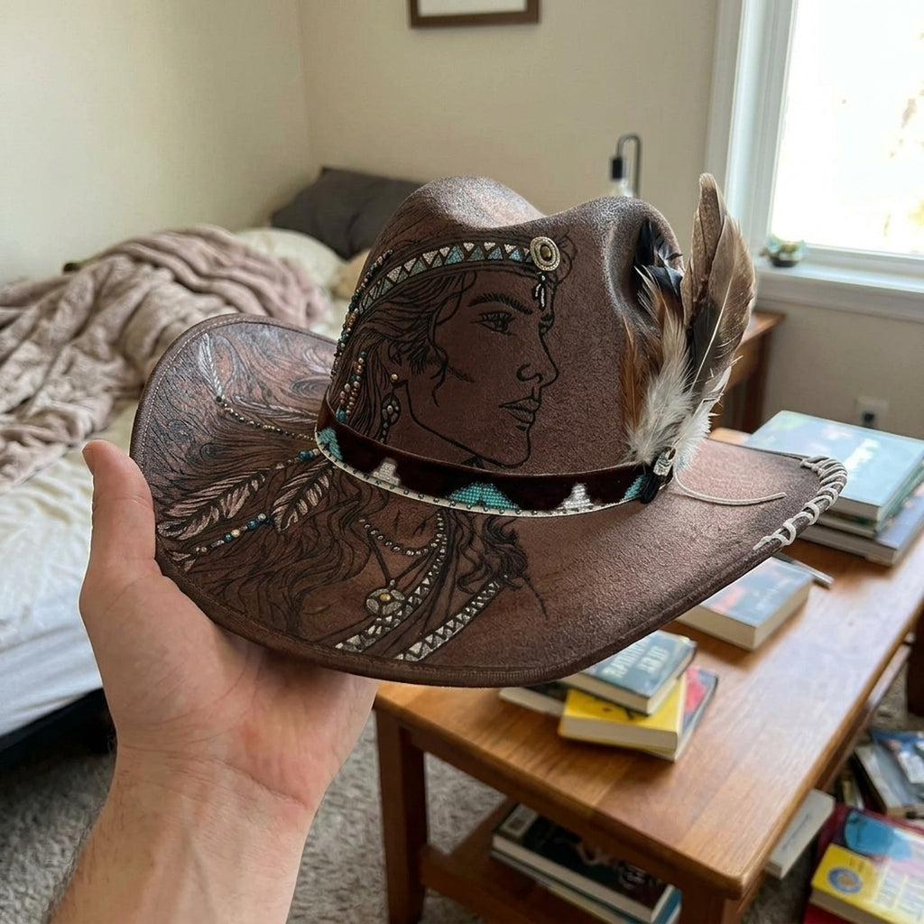 Brown Cowboy Hat with Portrait Etching and Beaded Feather Band