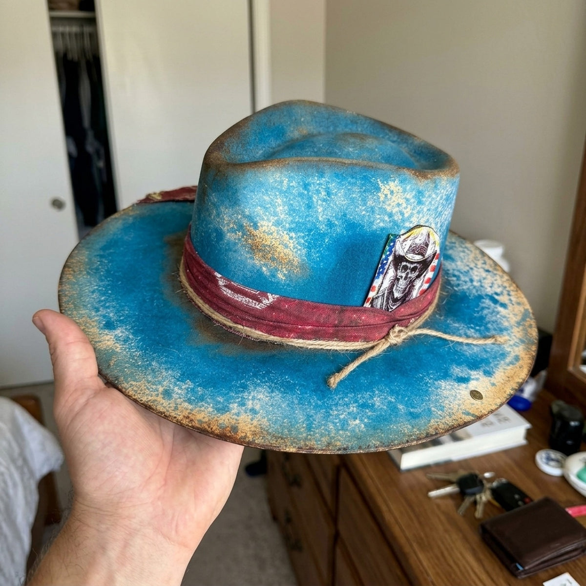 Bright Blue Felt Western Hat with Burgundy Band and Skull Card