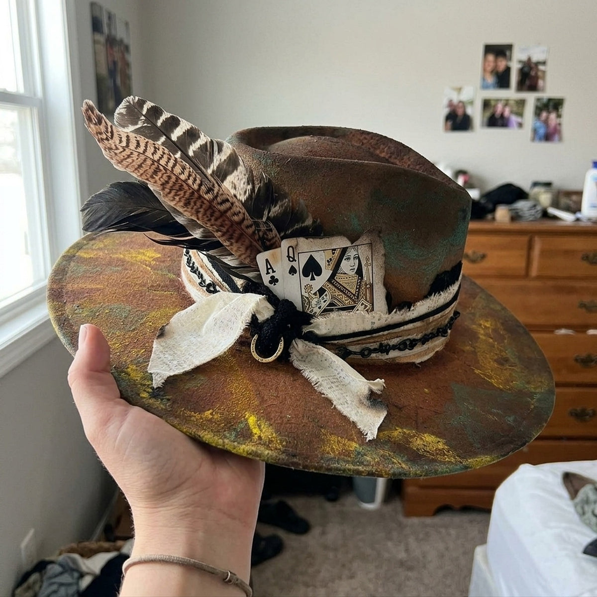 Mixed-Media Brown Fedora with Cards, Pearls, and Feather Cluster