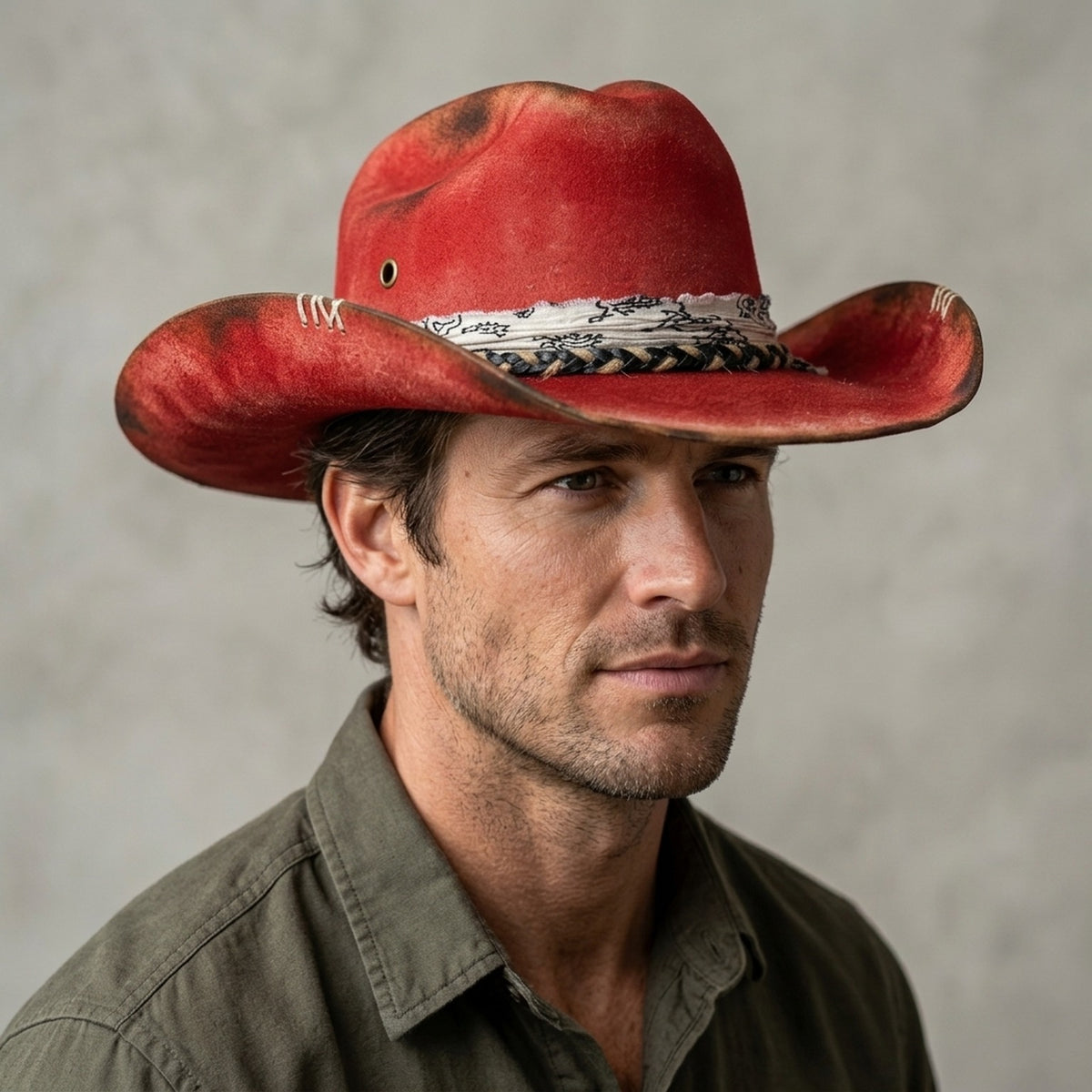 Vintage Red Western Hat with Paisley Band and Braided Trim