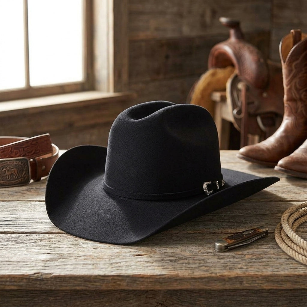 Black Felt Cowboy Hat with Silver Pin Accent - Western Hat