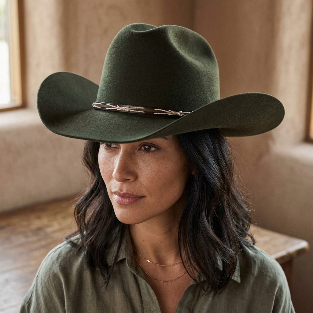 Olive Wool Felt Western Hat with Braided Leather Band Detail