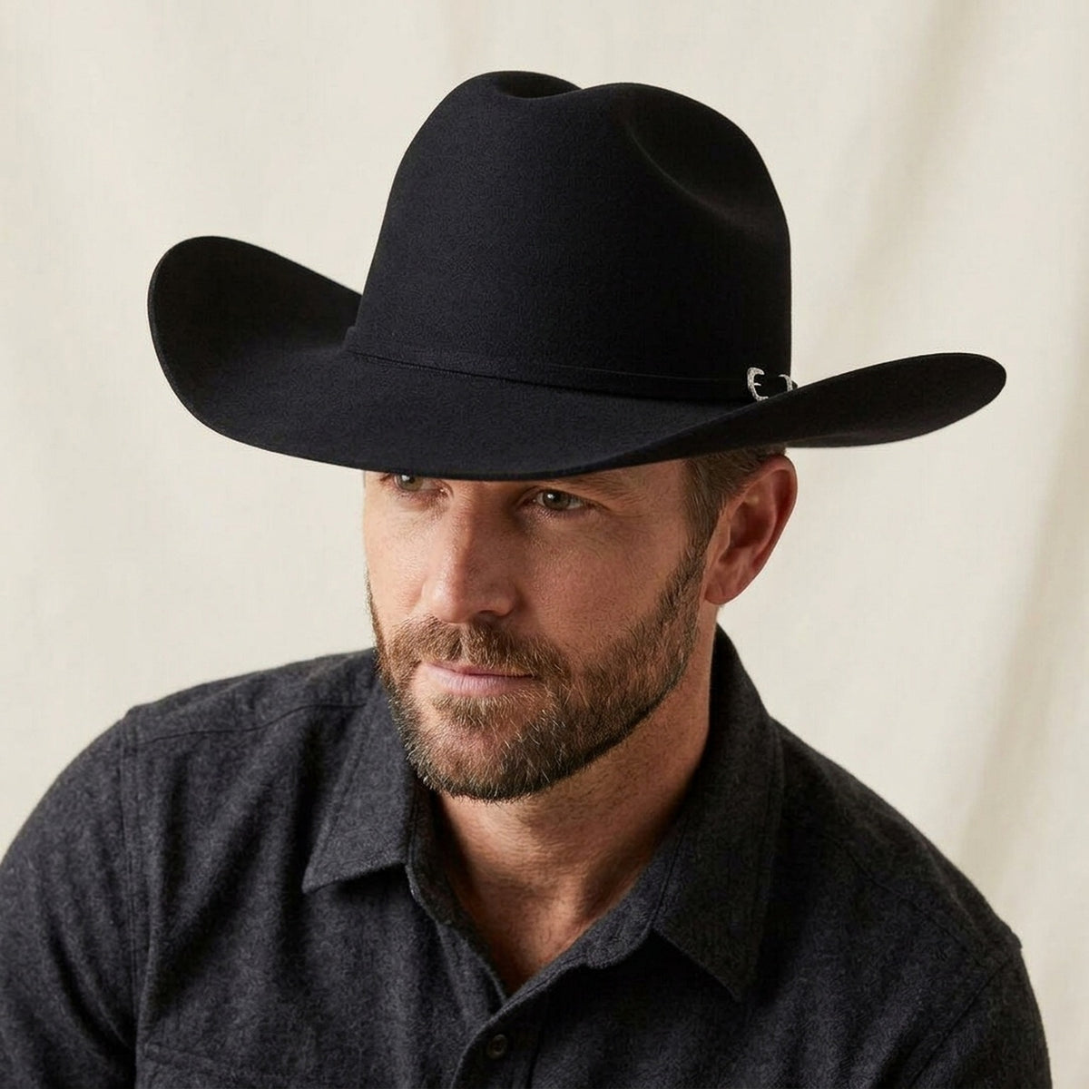Black Felt Cowboy Hat with Curled Brim and Grosgrain Ribbon