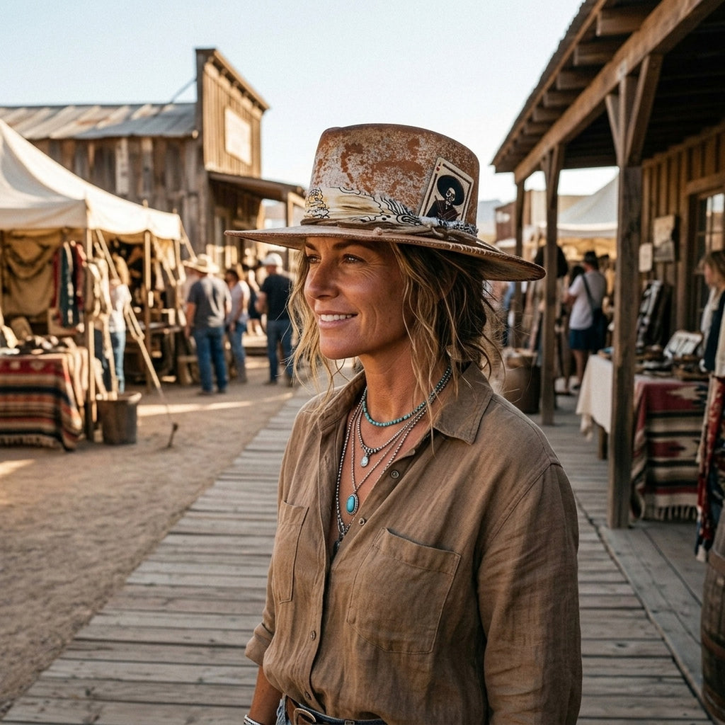Distressed Tan Cowboy Hat with Skeleton Card and Paisley Bandana