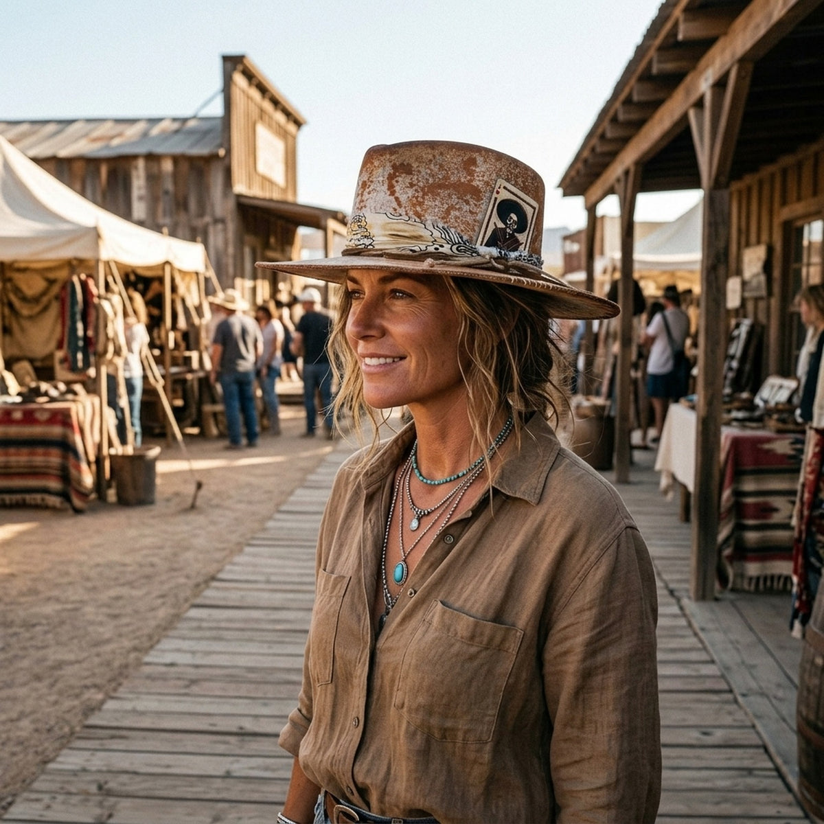 Distressed Tan Cowboy Hat with Skeleton Card and Paisley Bandana