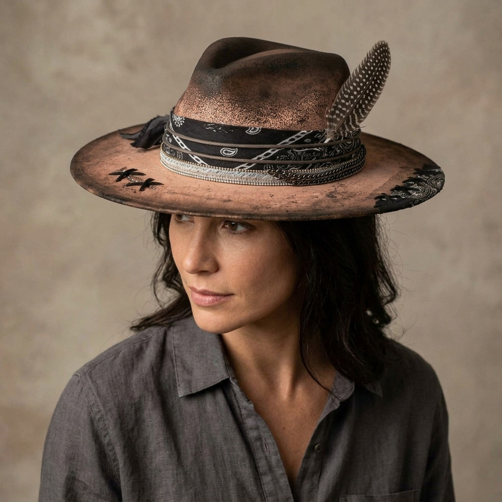 Copper Distressed Fedora with Bandana, Rhinestones and Stitch Stars