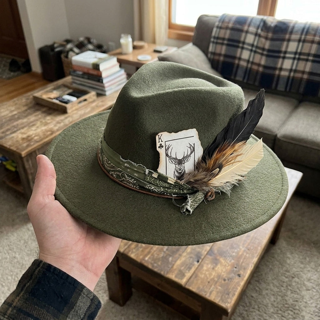 Olive Green Felt Western Hat with Paisley Band and Feather