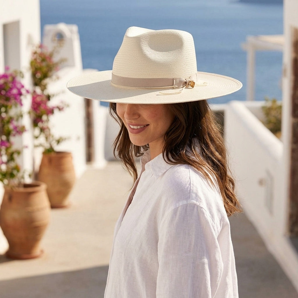 Cream Straw Fedora Hat with Tonal Grosgrain Band and Curved Brim