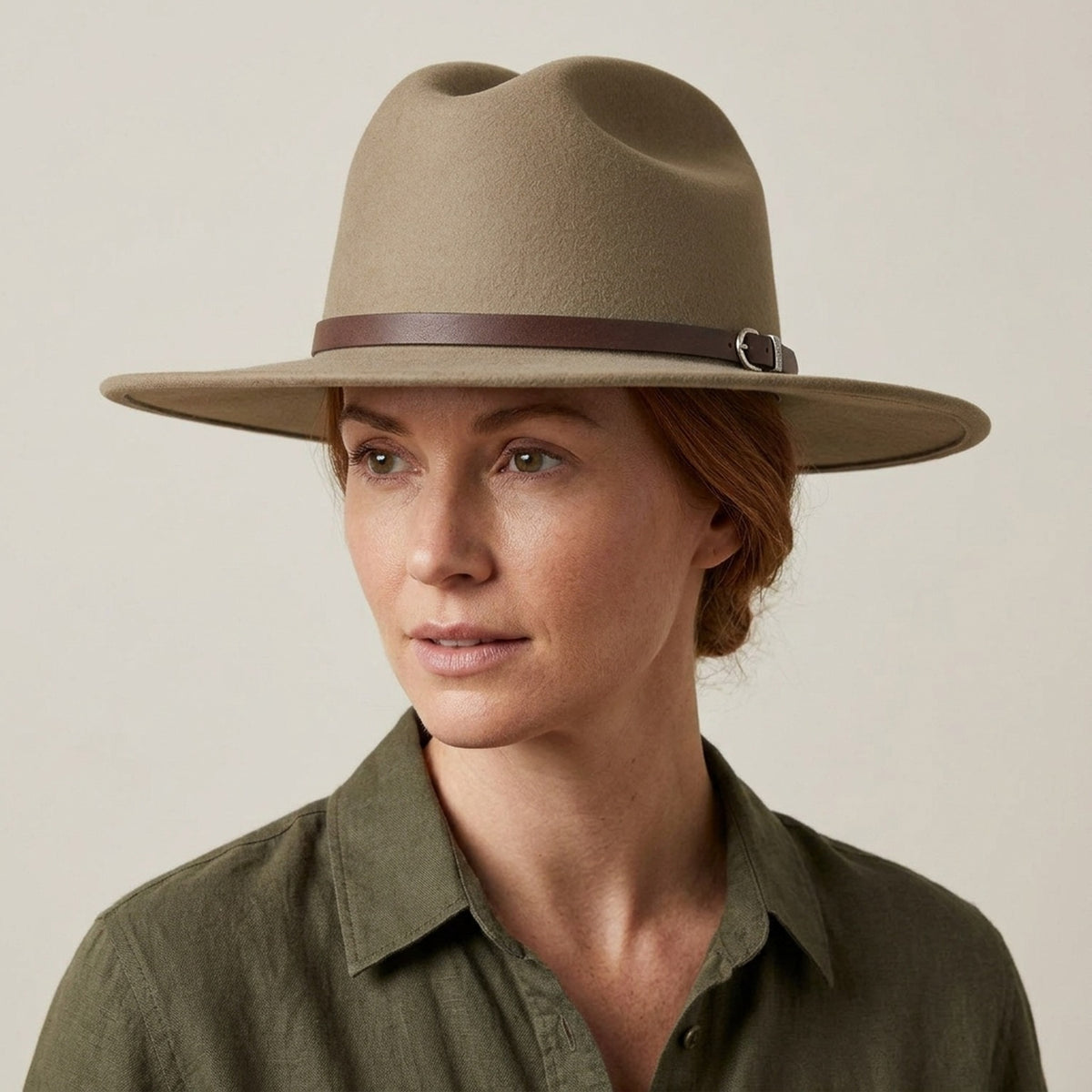 Camel Wool Felt Fedora with Brown Leather Band and Wide Flat Brim