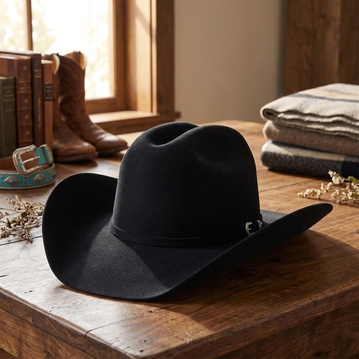 Black Wool Felt Cowboy Hat with Silver Concho Accent Band
