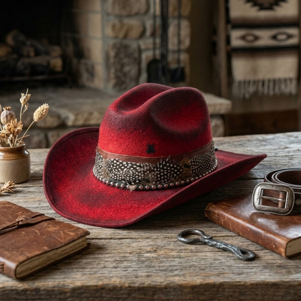 Red Western Hat Polka Dot Feather Silver Beads Bold Statement Ranch