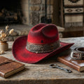Red Western Hat Polka Dot Feather Silver Beads Bold Statement Ranch