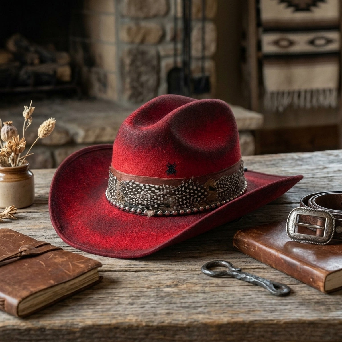 Red Western Hat Polka Dot Feather Silver Beads Bold Statement Ranch