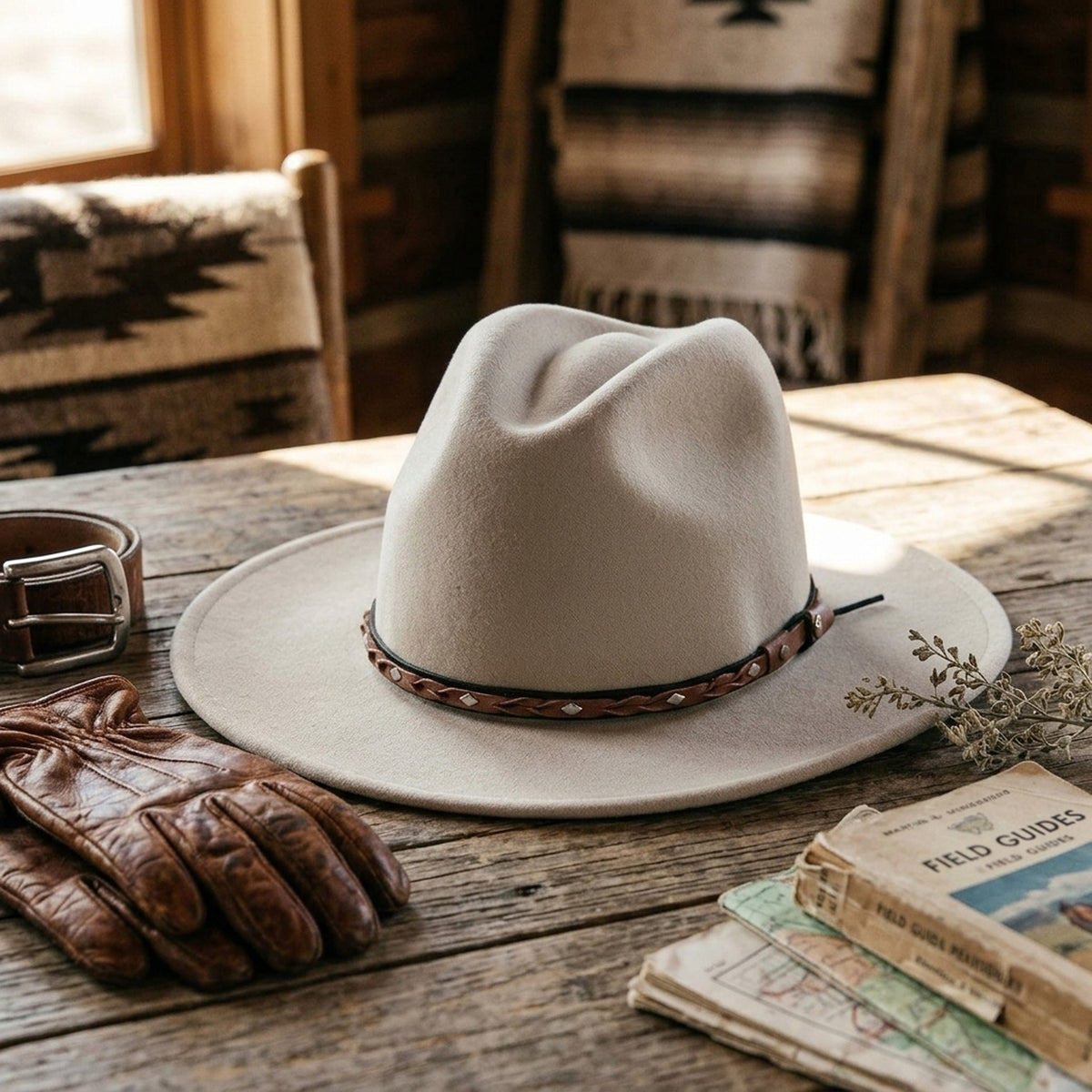Sand Felt Western Hat with Braided Leather Band and Silver Studs