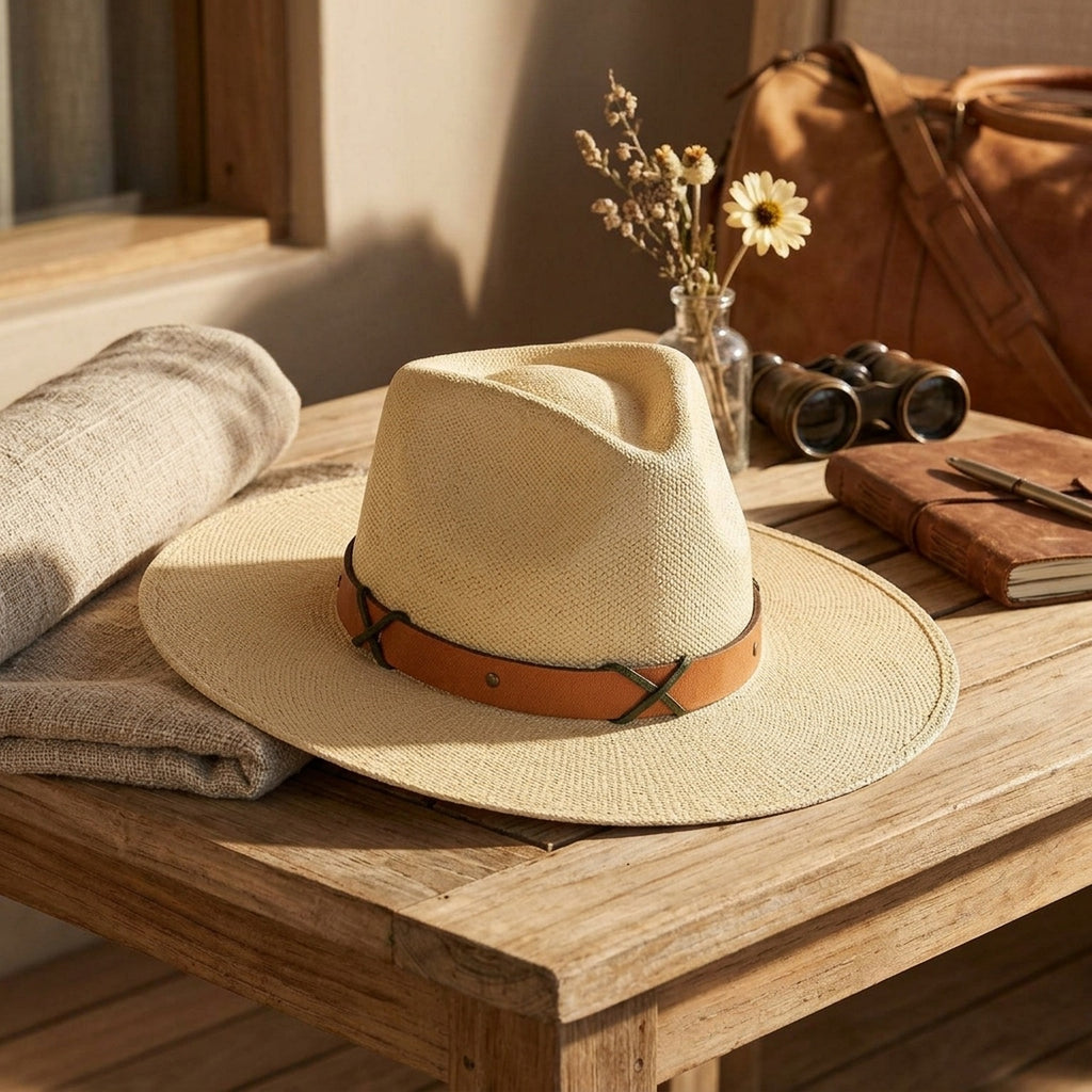 Natural Raffia Sun Hat with Leather Band and Cross Detail