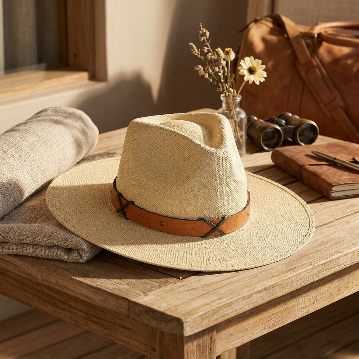 Natural Raffia Sun Hat with Leather Band and Cross Detail