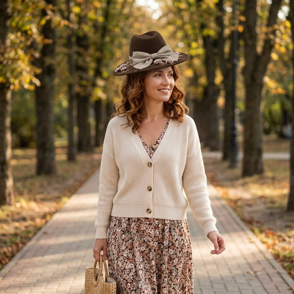 Brown Felt Floppy Hat Linen Bow Floral Embroidery Trim