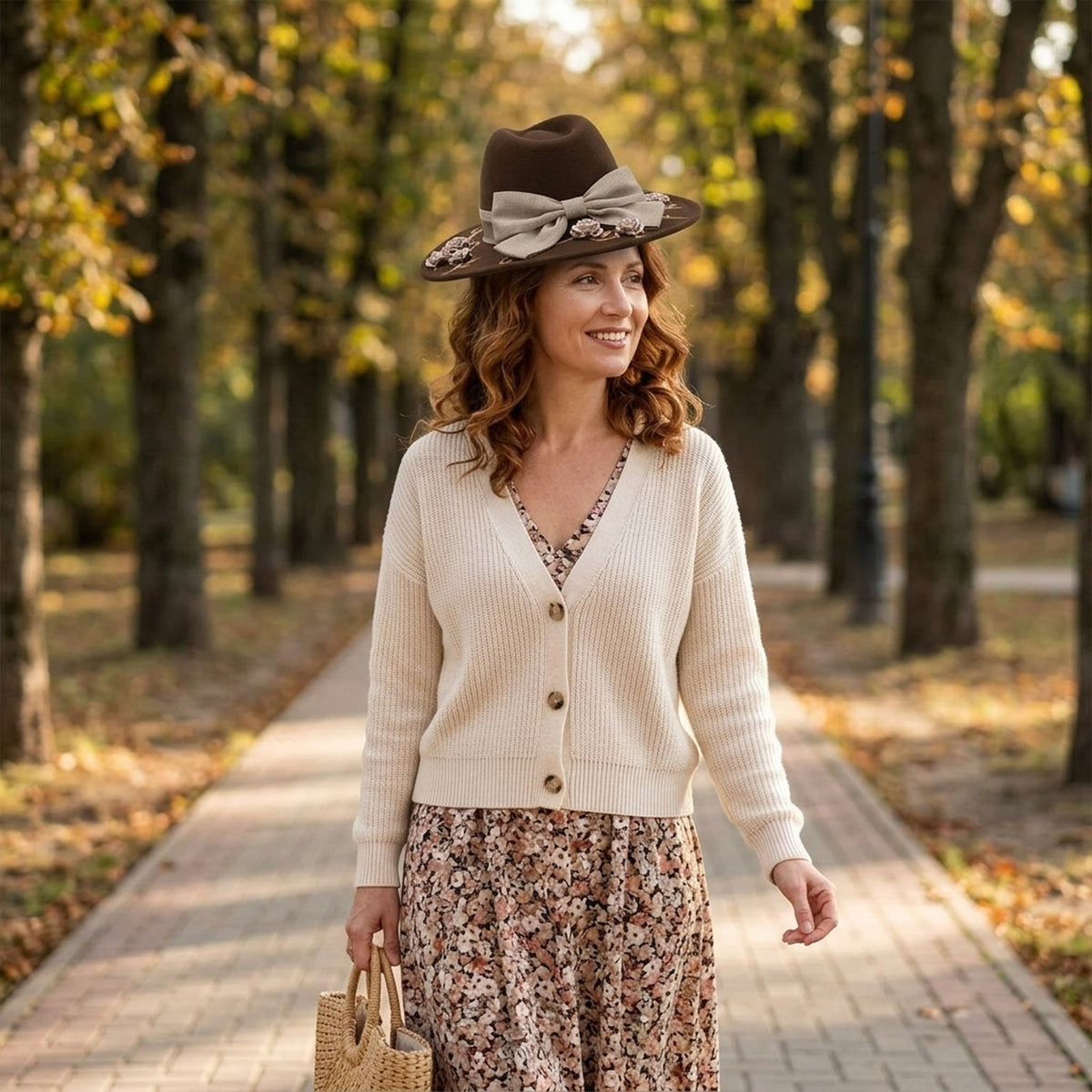 Brown Felt Floppy Hat Linen Bow Floral Embroidery Trim