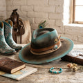 Teal Ombre Felt Western Hat Suede Band Feather Trim